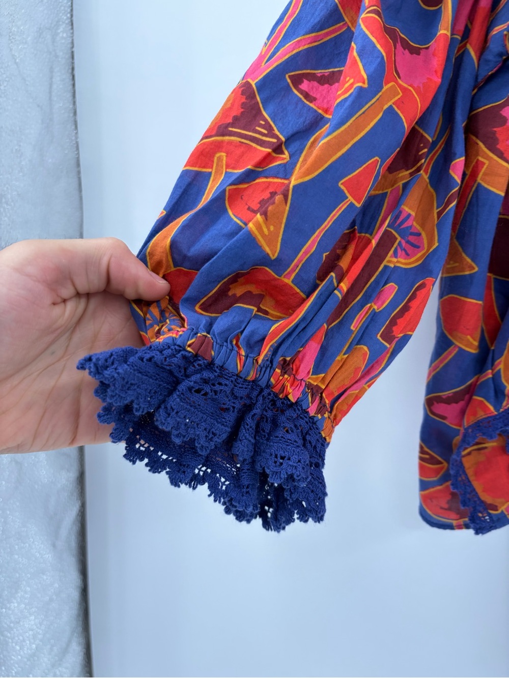Farm Rio bohemian boho bright blue mushroom sketch button ruffle blouse size xl - Picture 7 of 15